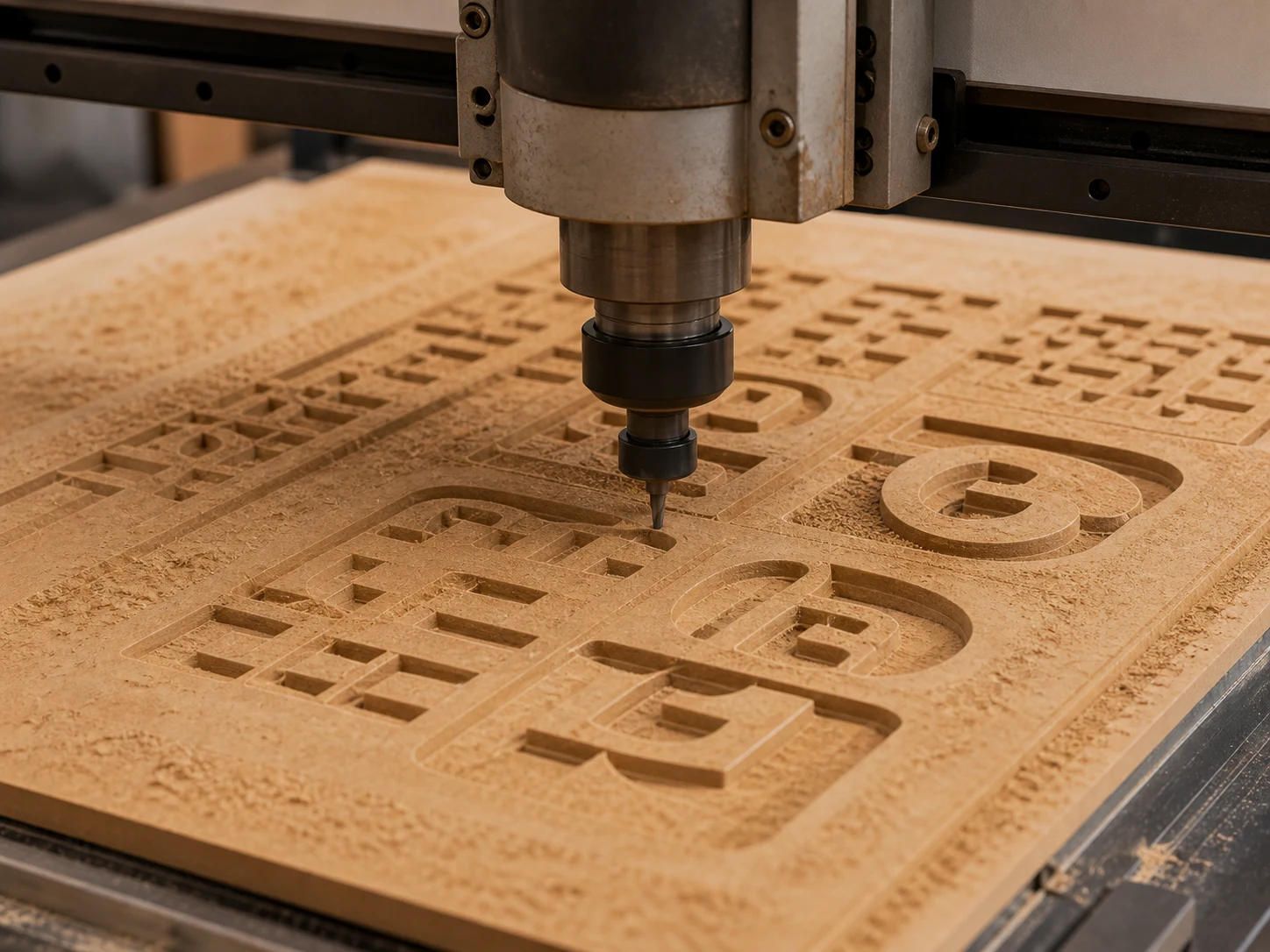 Mesin CNC router memotong corak pada papan MDF