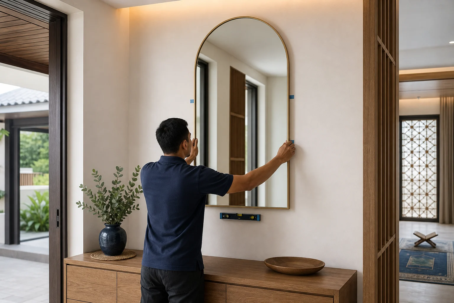 Decorative mirror arrangements for living rooms, dining areas, lobbies and selected spaces.