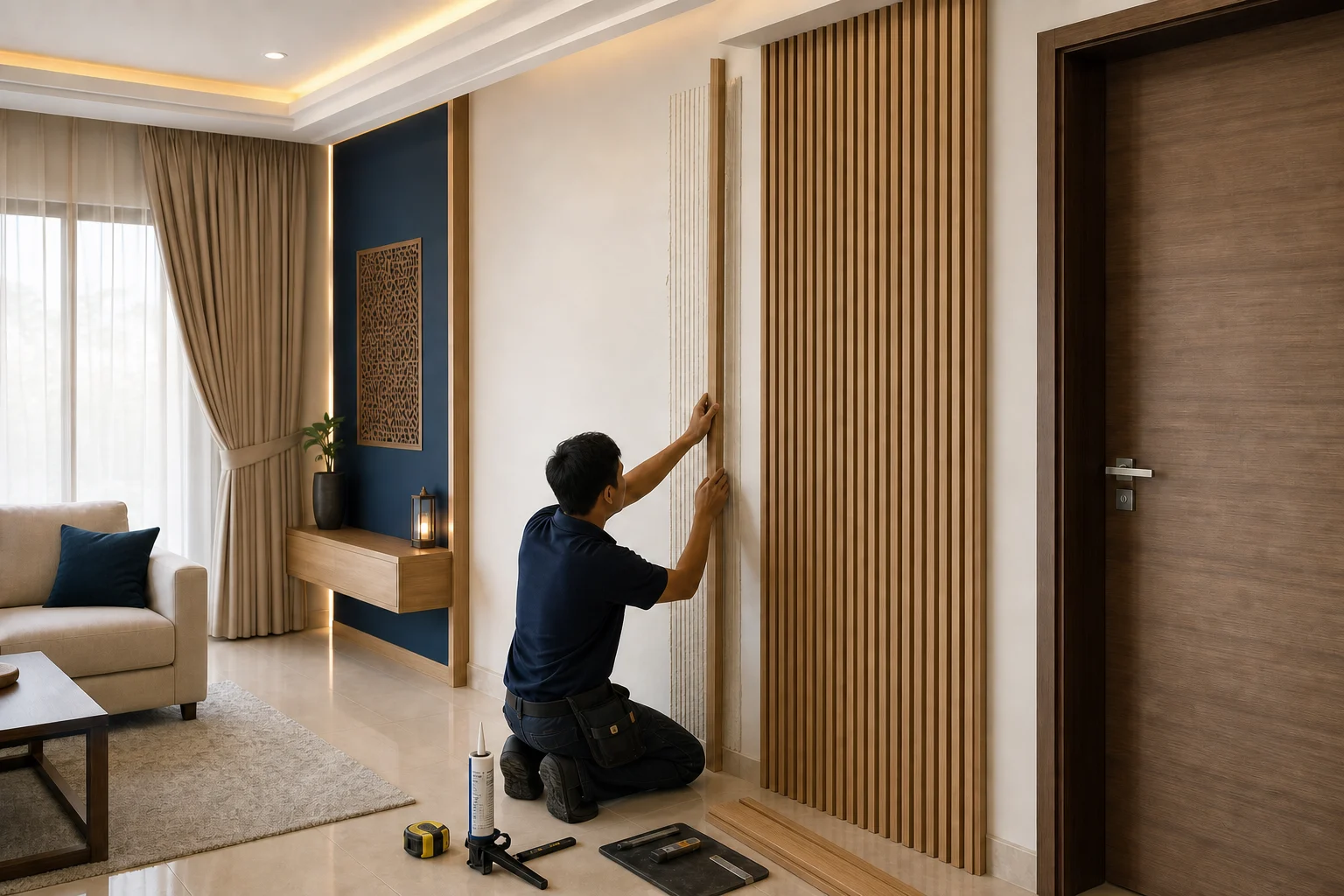 Ribbed panels used as wall finishes or focal elements within interiors.