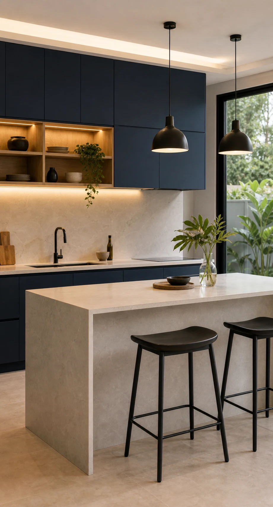 Completed modern kitchen with deep blue cabinetry and a light stone island