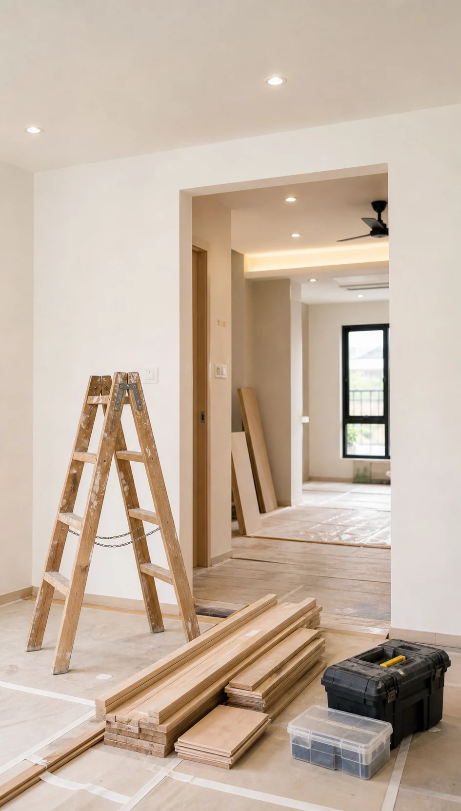 Home interior undergoing renovation with a ladder, timber and tools