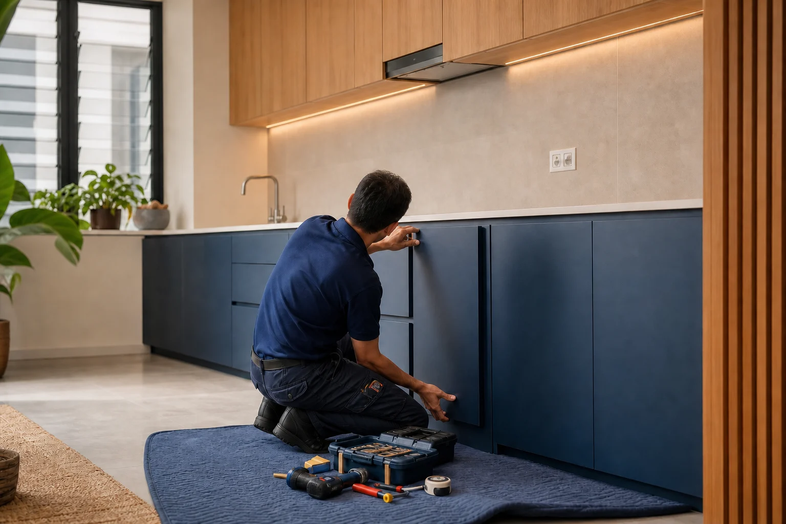 Kitchen cabinetry arranged around measurements, workflow and storage requirements.