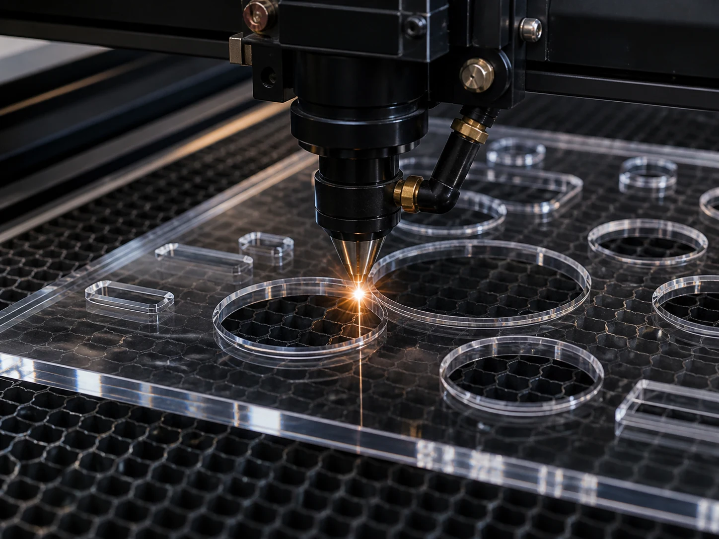 Mesin laser memotong bentuk pada kepingan acrylic jernih