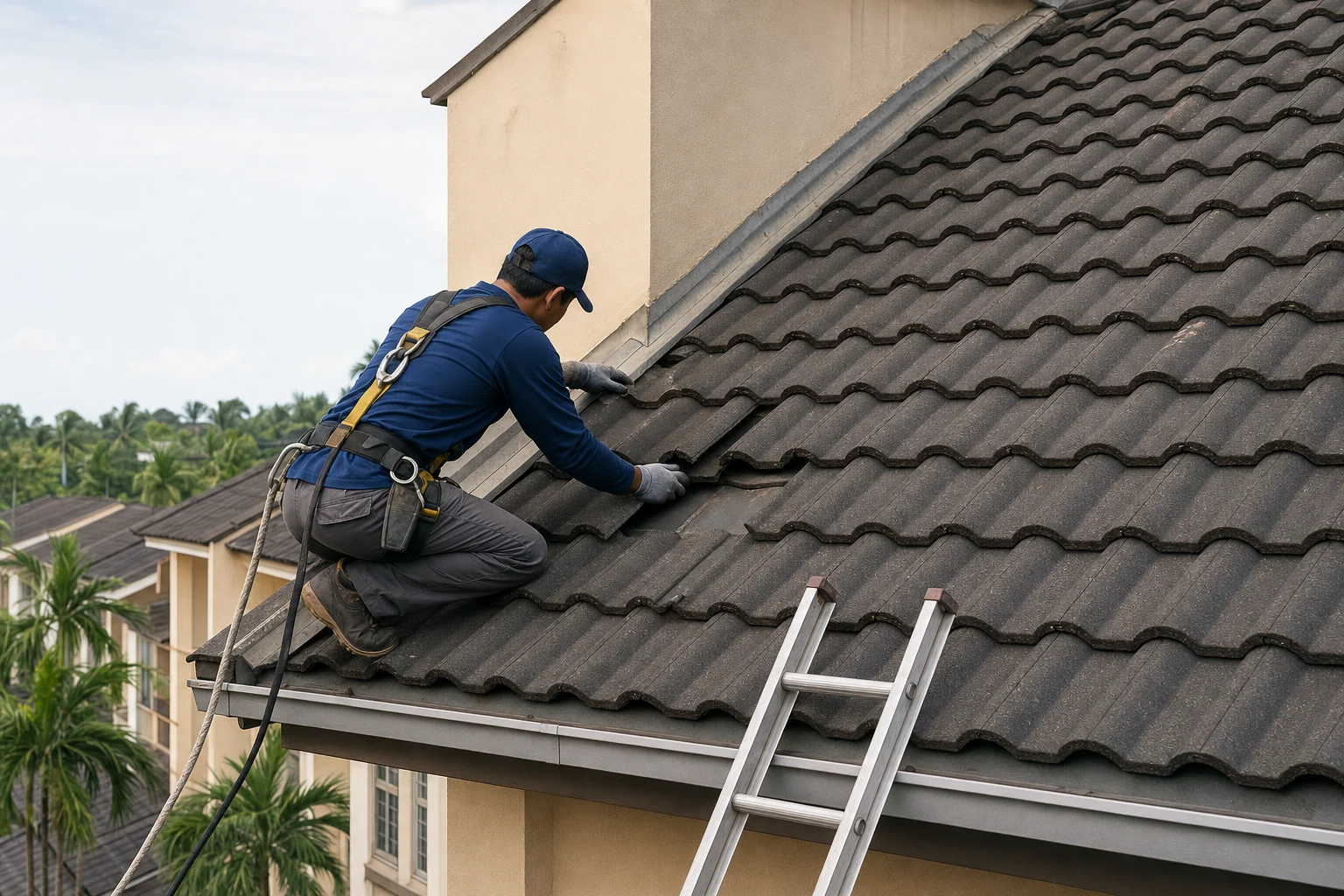 Inspection and repair of damaged roof areas or points causing water leaks.