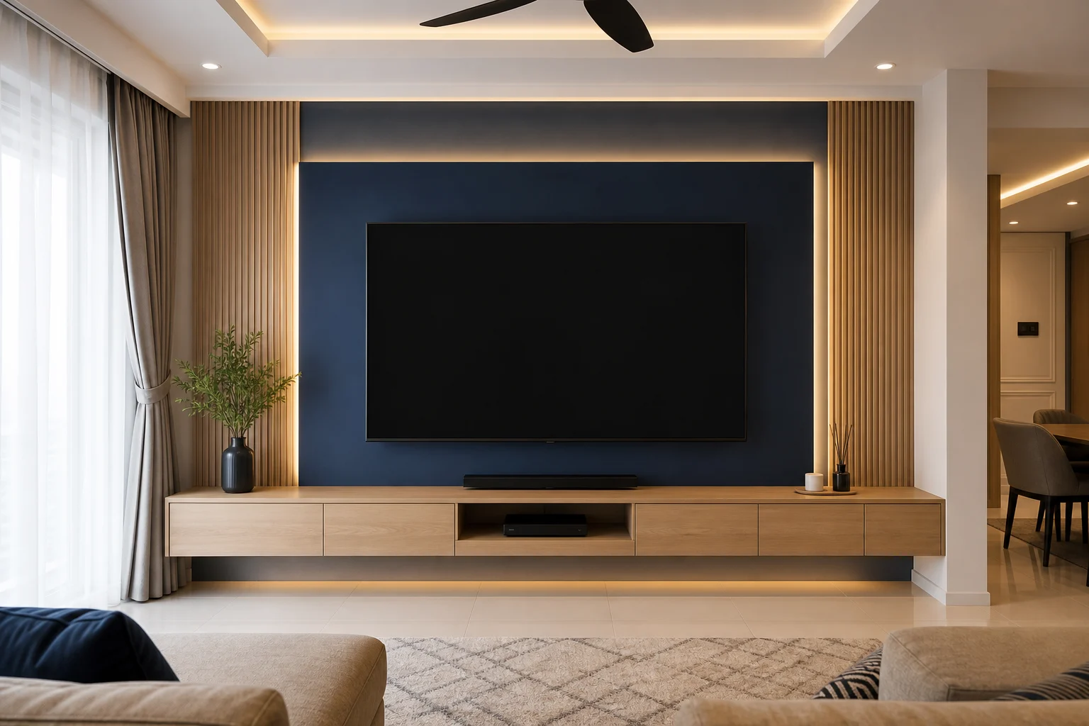 Media cabinetry and focal walls planned around room size and equipment.